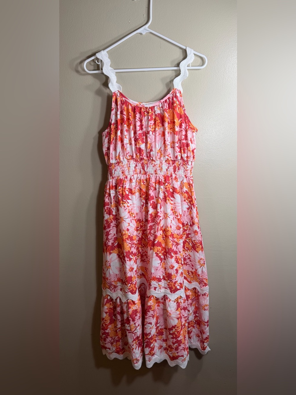 Grace Karin Pink Floral Midi Dress Medium Ric Rac Straps Pockets